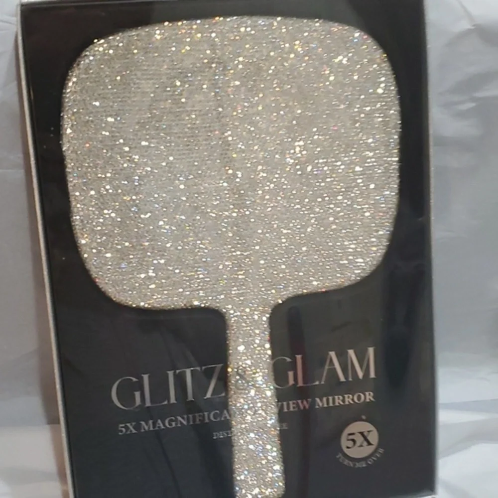 5X magnification Glitz Glam blinged crystal rhinestone hefty handheld mirror new